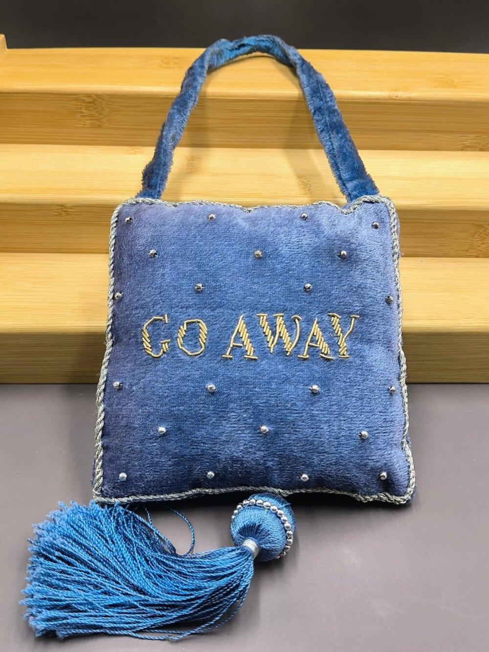 Vintage Blue Velvet Reversible Door Hanger Pillow – "Welcome" / "Go Away"
